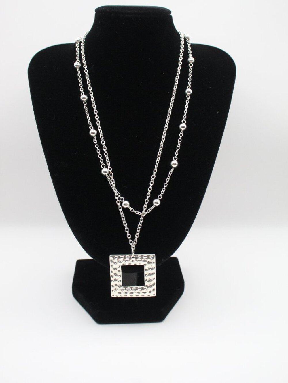 Silver Tone Double Strand Necklace With Square Pendant Beaded